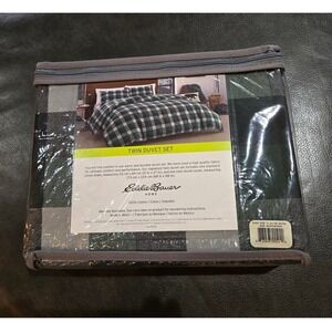 Eddie Bauer Twin Duvet Set Green Black Plaid New 100% Cotton